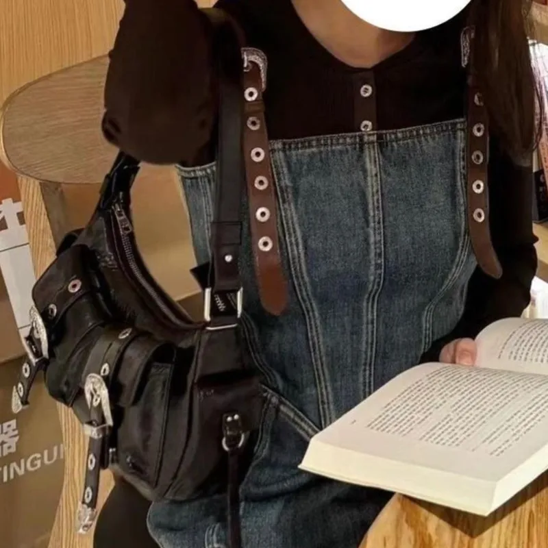 Sweet Cool Hot Girl Black Handbag Women Leather Buckle Large Capacity Underarm Bag Ladies Fashion Premium Y2k Shoulder Bags 2025