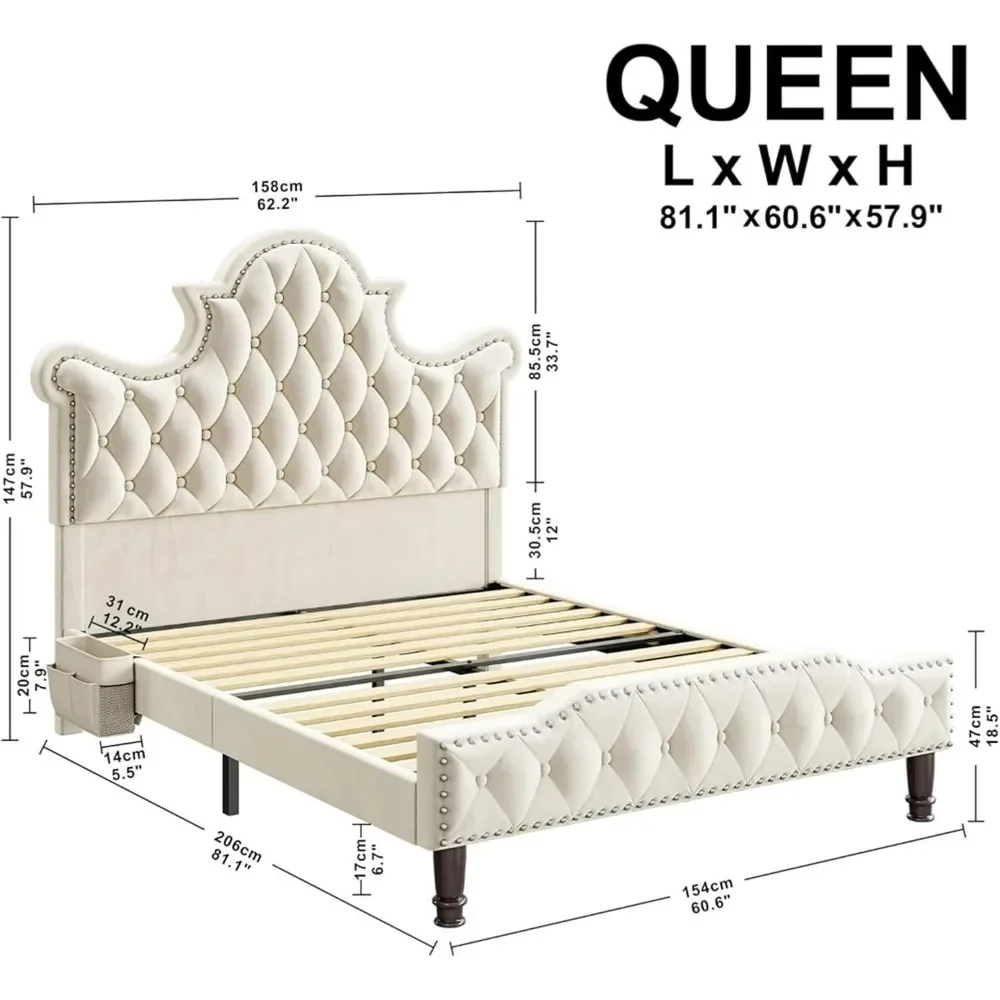 Queen Size LED Bed Frame, Queen with 58" Tall Tufted Headboard, Sturdy and Noiseless, Cream Bed Frame, Queen Bed Frame 2
