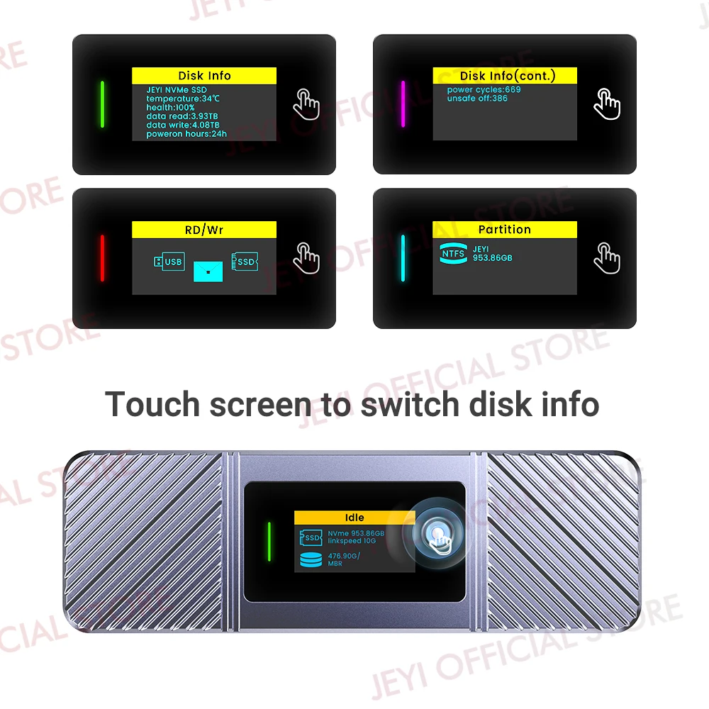 JEYI Visual Smart M.2 NVMe NGFF SSD 인클로저, 5s 쓰기 보호 지원, 3s 재연결, USB 3.2 Gen2 10Gbps, UASP 트림