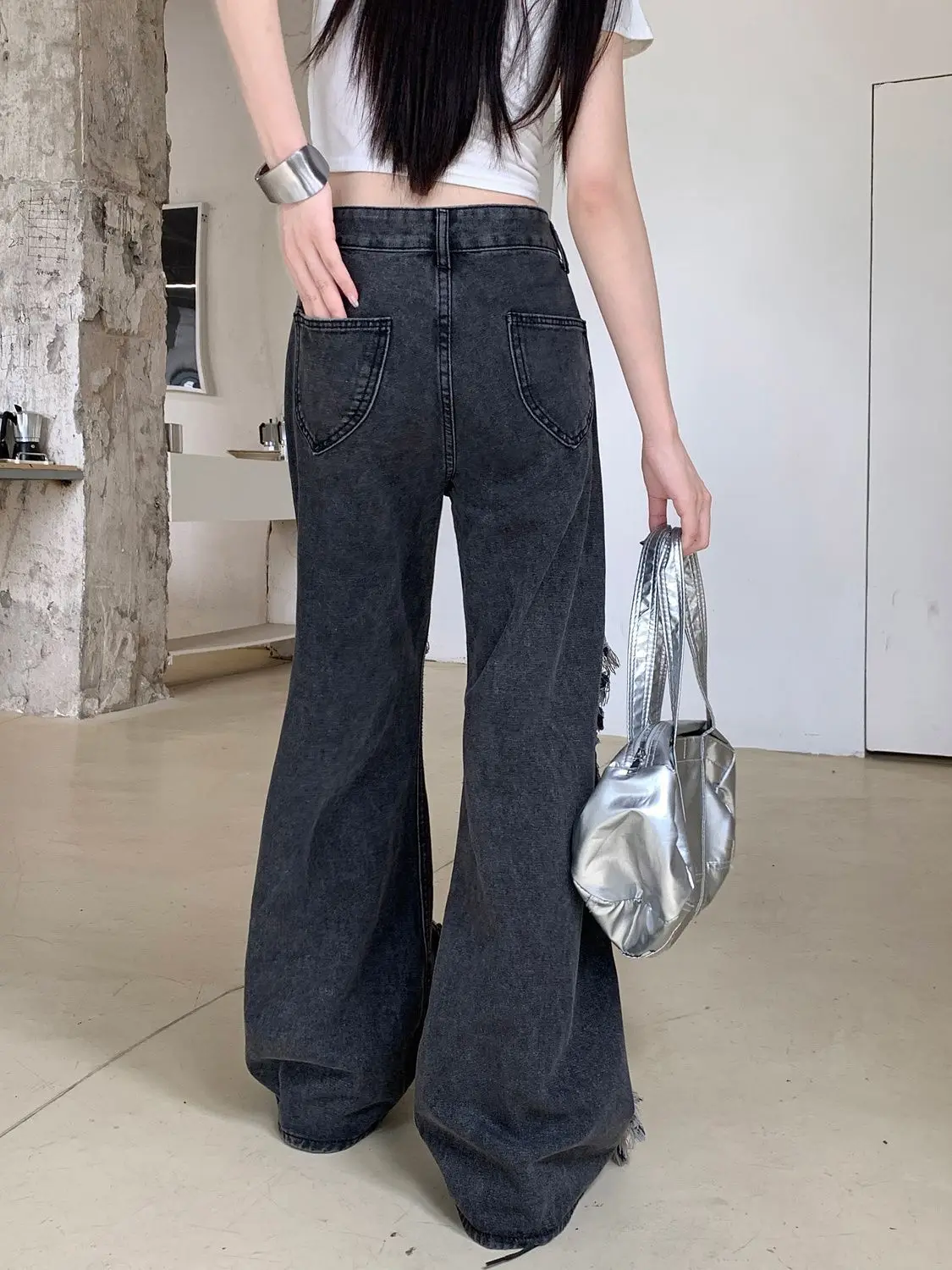 American Street Waste Soil Wind Hip-Hop Design Washed Distressed Jeans With Multiple Pockets For Straight Leg Wide Casual Pants