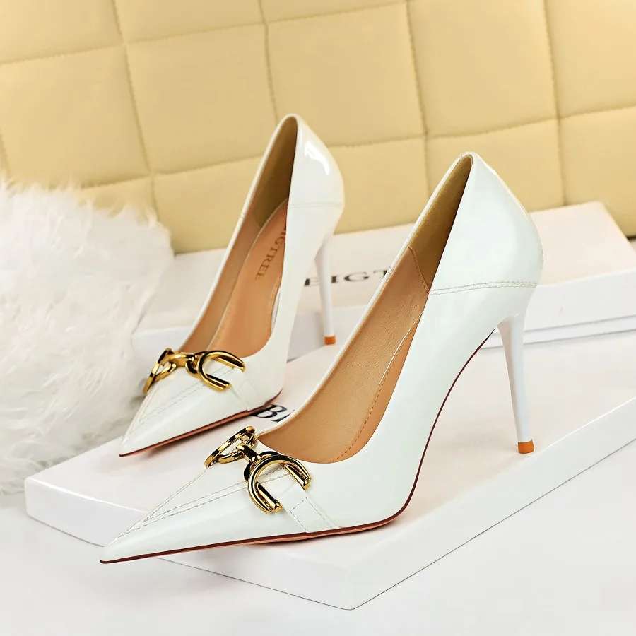 LEDP Women High Heel Shoes Metal Belt Buckle Red Pumps Nude Black Patent Leather 7.5cm 10cm Sexy Pointed Toe Wedding Shoes 34-44