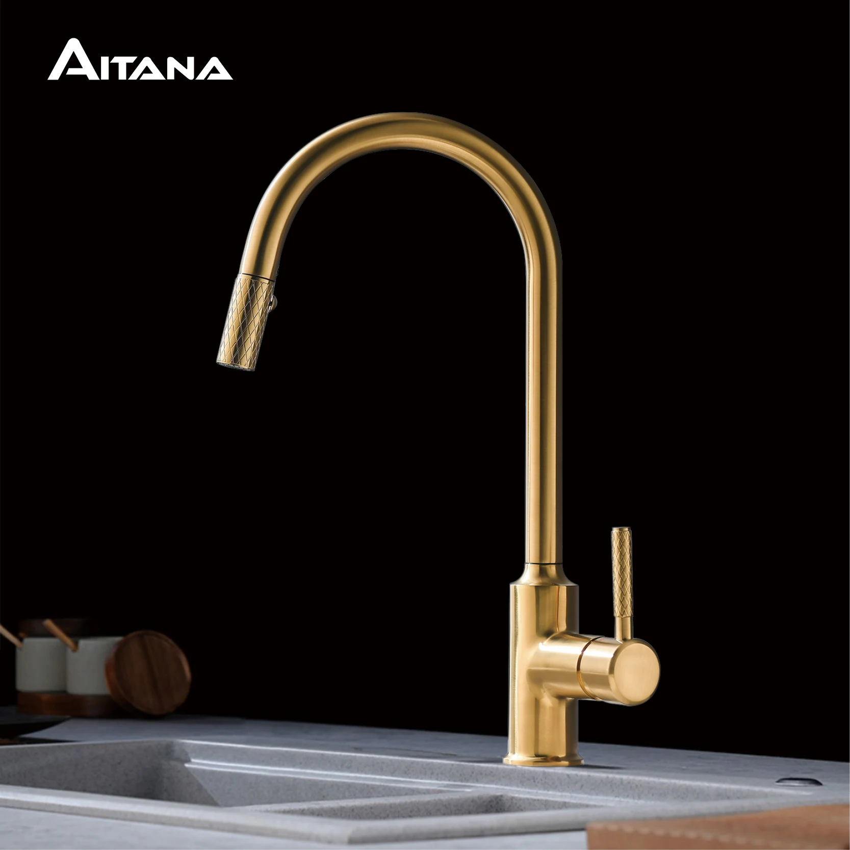 AITANA Simple Brushed Gold Brass Kitchen Faucet Pull-out Design Single Handle Cold & Hot Dual Control 2-function Sink Tap