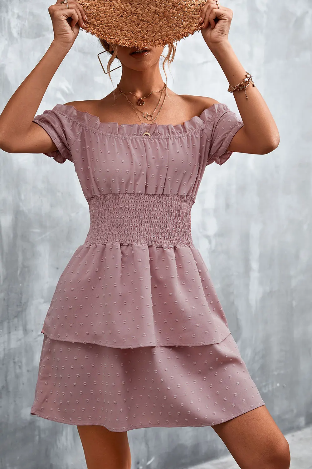 

Women's Dresses Sexy Off shoulder jacquard casual Short Sleeved Solid Color Layered Ruffles Daily Mini Dress 2023 Summer New