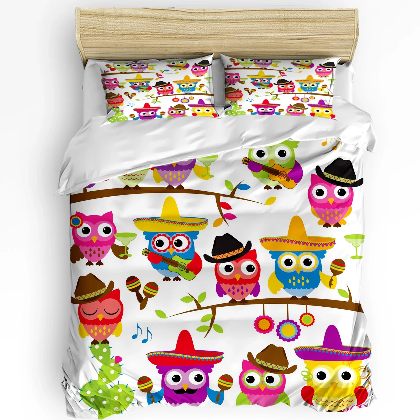 

Colorful Owl Cactus Music Guitar 3pcs Bedding Set For Bedroom Double Bed Home Textile Duvet Cover Quilt Cover Pillowcase