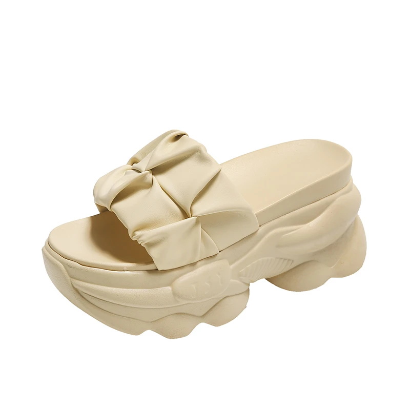 

7.5CM Heels Chunky Platform Slippers for Women Open Toe Leather Wedges Sandals Woman Summer 2023 Thick Bottom Female Flip Flops