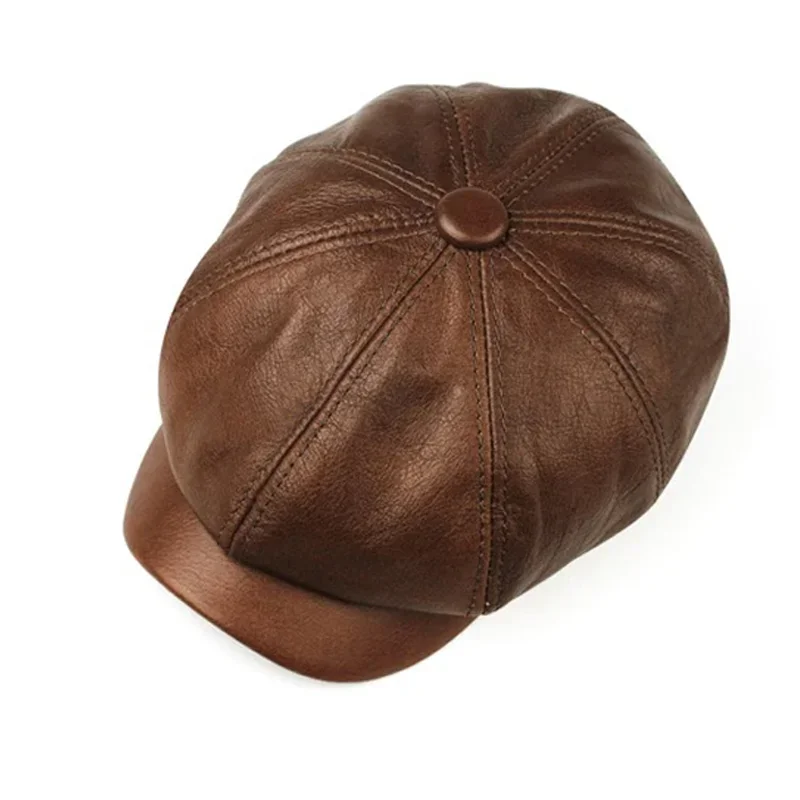 Retro Brown Hats Men Spring/Winter 100% Real Leather Warm Cap Male Beret Painter Boina Cowhide Octagonal Casquette High Quality 3