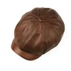 Retro Brown Hats Men Spring/Winter 100% Real Leather Warm Cap Male Beret Painter Boina Cowhide Octagonal Casquette High Quality 3