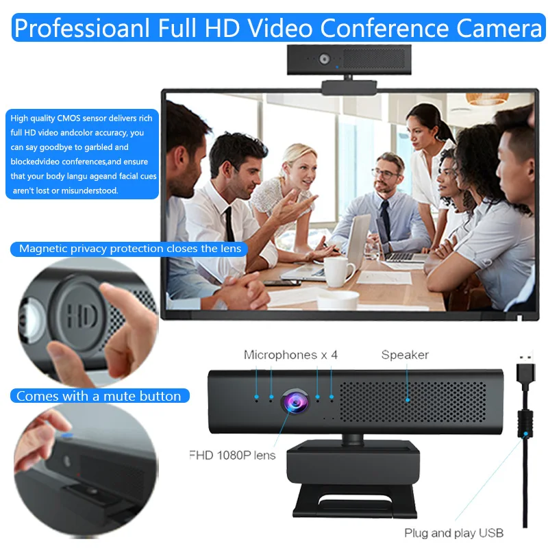 1080P Full HD Webcam Conference Webcam Dual Microphone Magnetic Privacy Cover Patented Design for Streaming Teaching PC Laptop