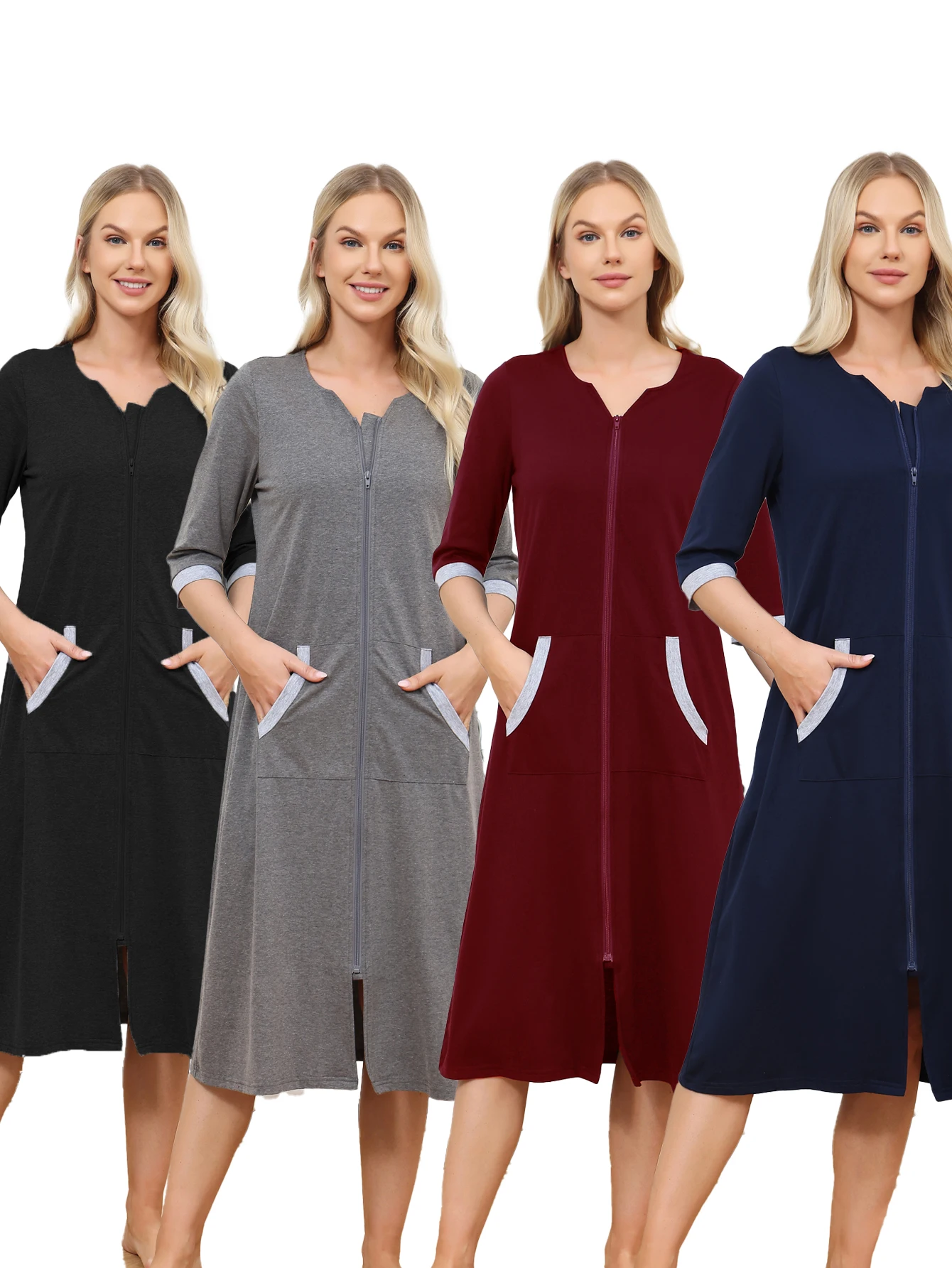 Aamikast Women's Zipper Robe 3/4 Sleeves Medium-length Loose Bathrobe Home Leisure Wear Woman Casual Sleepwear Pocket