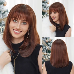 HAIRCUBE Short Bob Human Hair Blend Wigs Copper Brown Straight Human Hair Blend Wigs Wig with Bang 70% Human Hair Heat Resistant