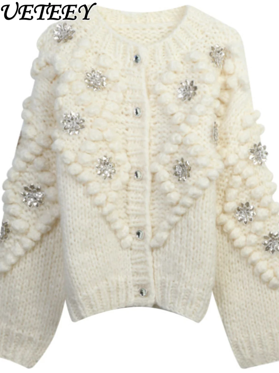 

Heavy Industry Hand Crochet Knitted Cardigan Jacket Women Autumn Winter Clothes High-Grade Sequined Flowers Loose Gentle Sweater