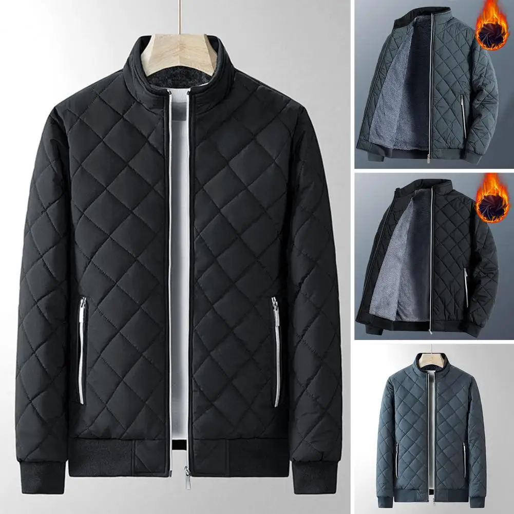 

Windproof Men Jacket Men Fleece Lining Padded Jacket Stylish Men's Rhombus Embossed Jacket Warm Fleece Lining Slim for Autumn