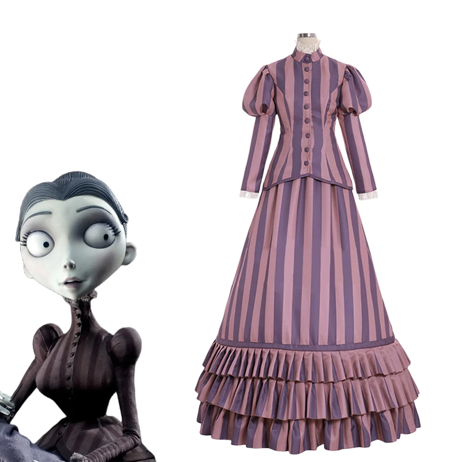 

Anime Tim Burton's Corpse Bride Cosplay Costume for Women Red Striped Dress Ruffles A Line Skirt Halloween Party Role Play Suit