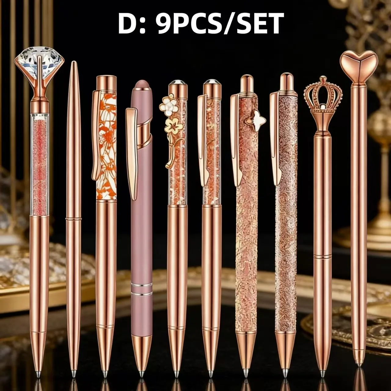 3/8/9pcs 로즈 골든 메탈 볼펜 문구 세트 진주 모래시계 크라운 러브 인공 다이아몬드, 학교 및 사무용품 선물