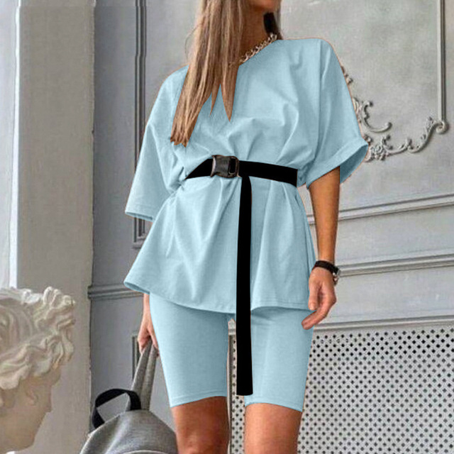 Summer Women Set O Neck Loose Short Sleeve Top Shirt and  Bodycon Cycling Shorts Women Bottom Suit Two Piece Sets Outfit