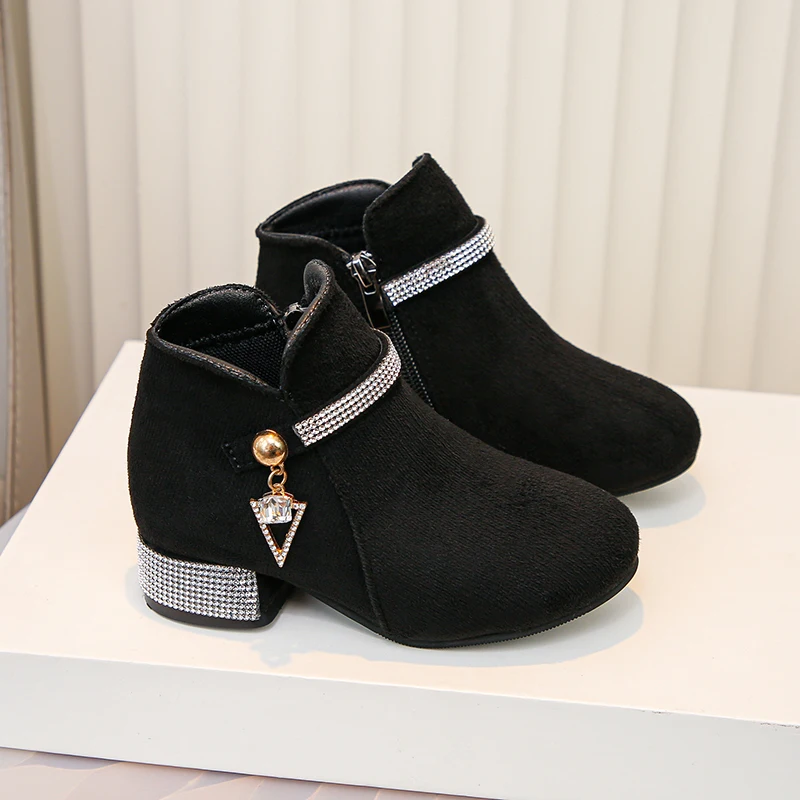 Black Velvet Ankle Boots with Rhinestone for Girls