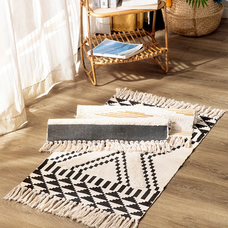 Soft Area Rugs Set With Tassels Printed Hand Woven Washable Mat