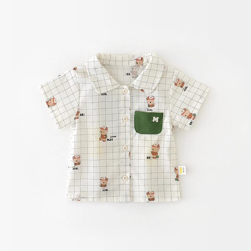 MILANCEL Summer Baby Shirt New Thin Tops Boys Cartoon Bear Plaid Short Sleeved Tees Korea Style Toddler Outwear