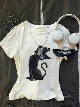 Coraline Cartoon Cat Print T-Shirt, Short Sleeve Crew Neck Casual Top for Women, Perfect for Summer and Spring, 1