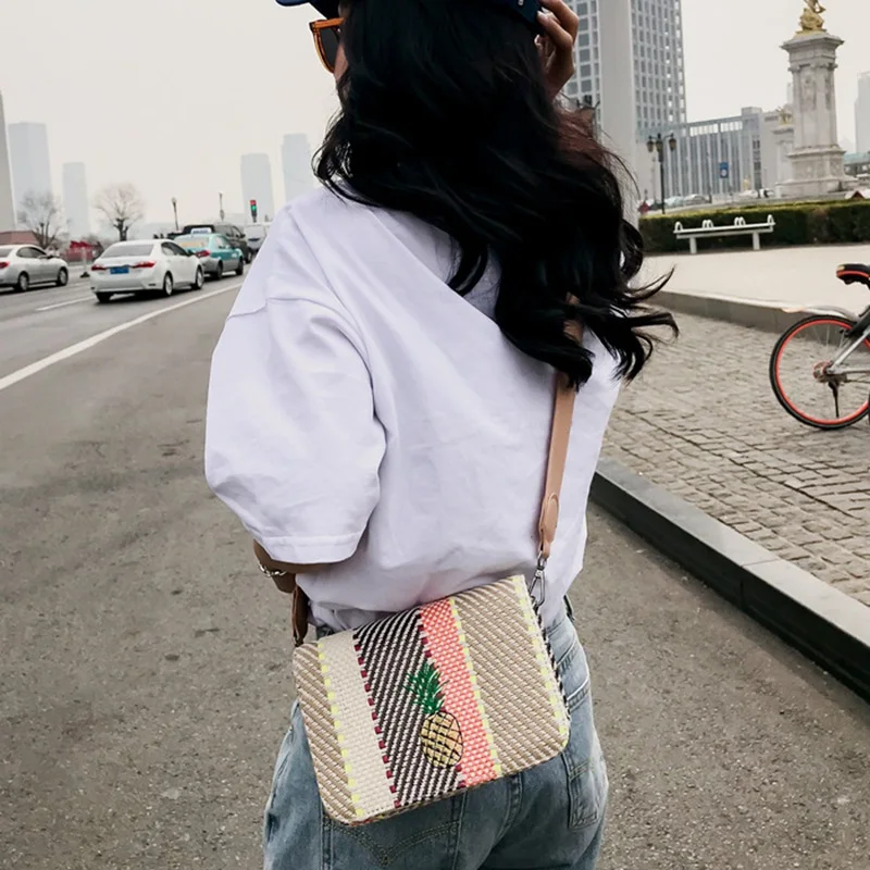 2023 Summer New Women Crossbody Bags Korean Style Striped Straw Bag Vintage Embroidery Pineapple Smallholuder Messenger Flap Bag