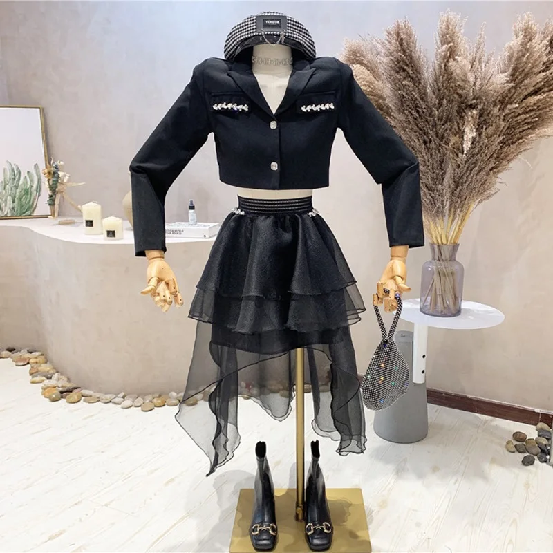 2023New Women Blazers Skirt Two Piece Set Elegant Diamond Ladies Cropped Suit Coat With Irregular Multilayer Mesh Long Skirt Set 2023new fashion spring summer women s colorful flower 3d printed beach skirt round neck pullover shortsleeve casual a line skirt