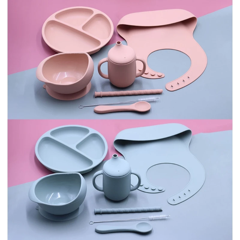 

7pcs/set BPA Baby Silicone Tableware Waterproof Bib Solid Color Dinner Plate Sucker Bowl And Spoon For Children