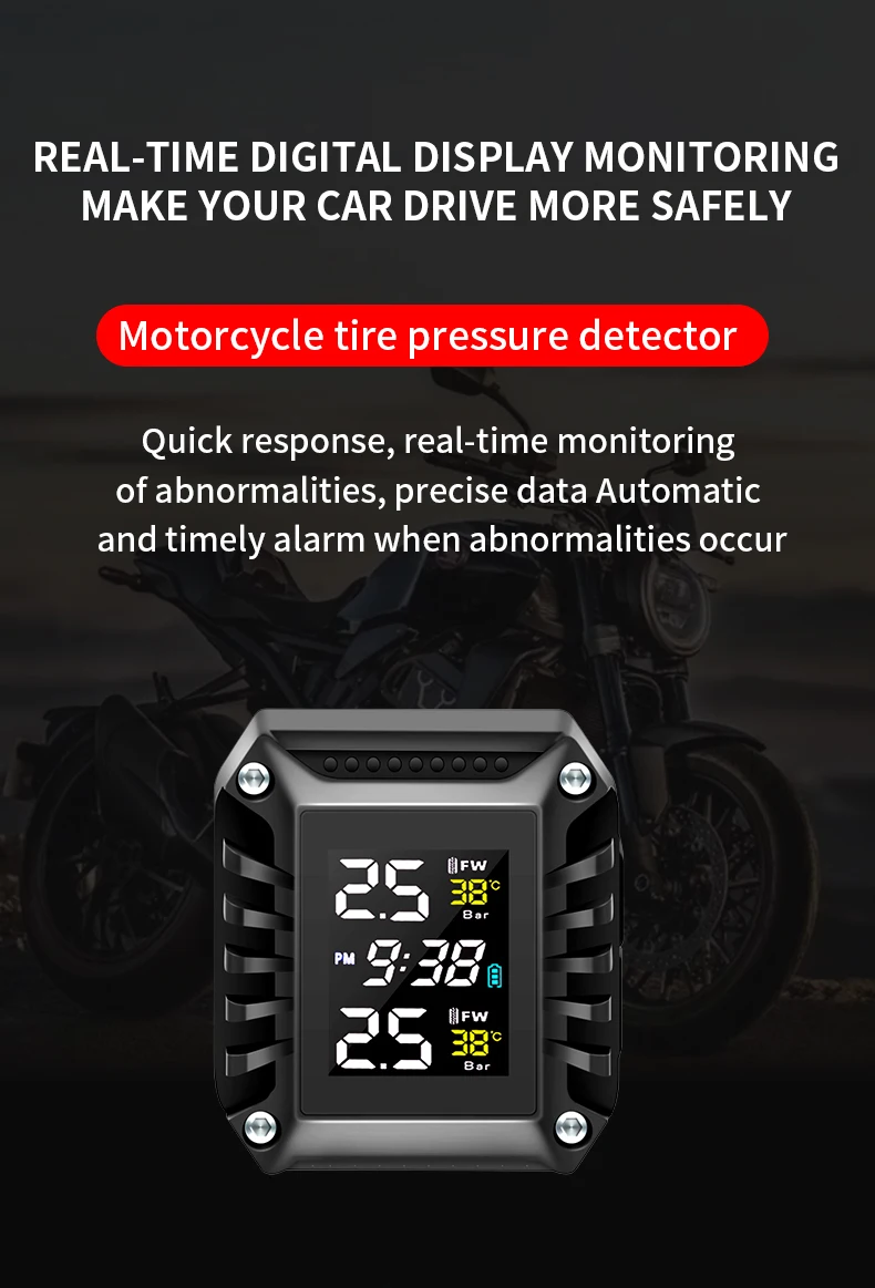 Wireless Motorcycle TPMS With 2 External Sensors Motorbike Tire Pressure Monitor