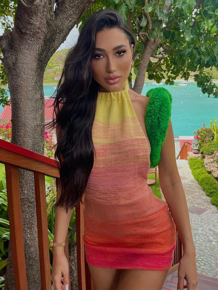 2025 Summer Dress For Women Knitting Halter Sleeveless Bodycon Mini Dresses Y2K Sexy Backless Boho Beach Dress Short