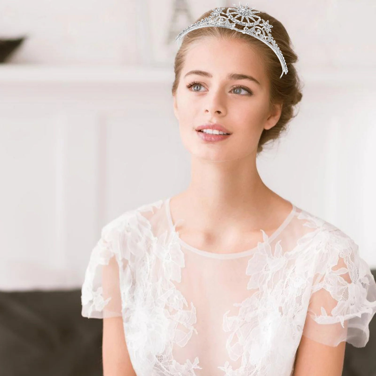 Tiara with Stars Hair Jewelry Crown for Women Halloween Wedding Headbands Bride Silver Bridal 6