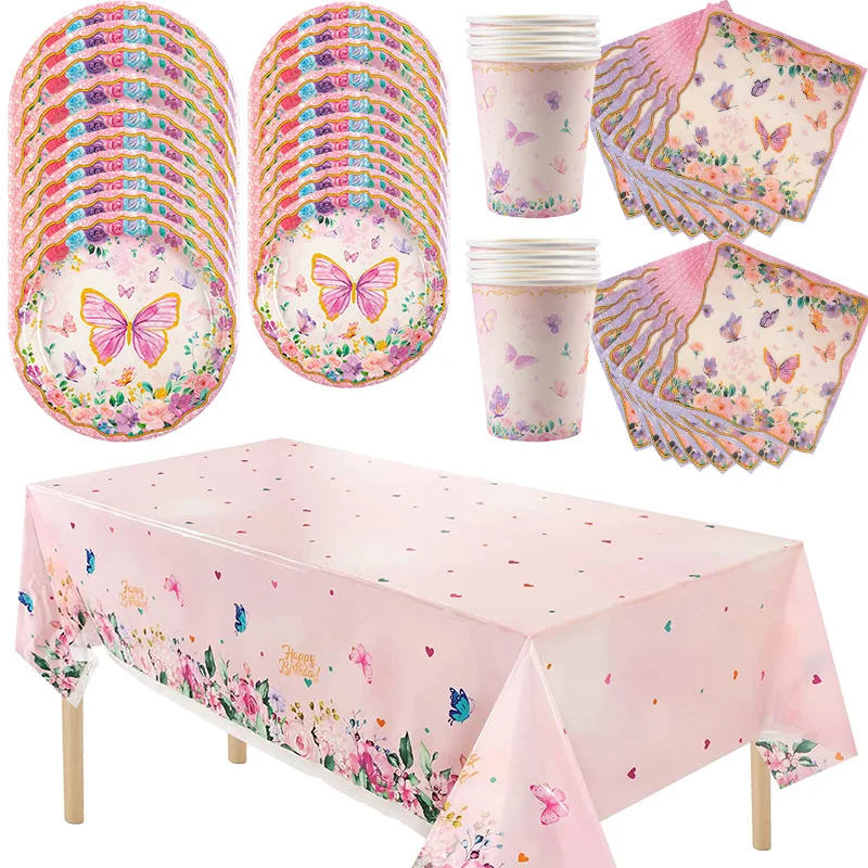 ButterflyBirthdayPartySuppliesDisposablePaperPlatesNapkinsCupsTableclothforButterfly