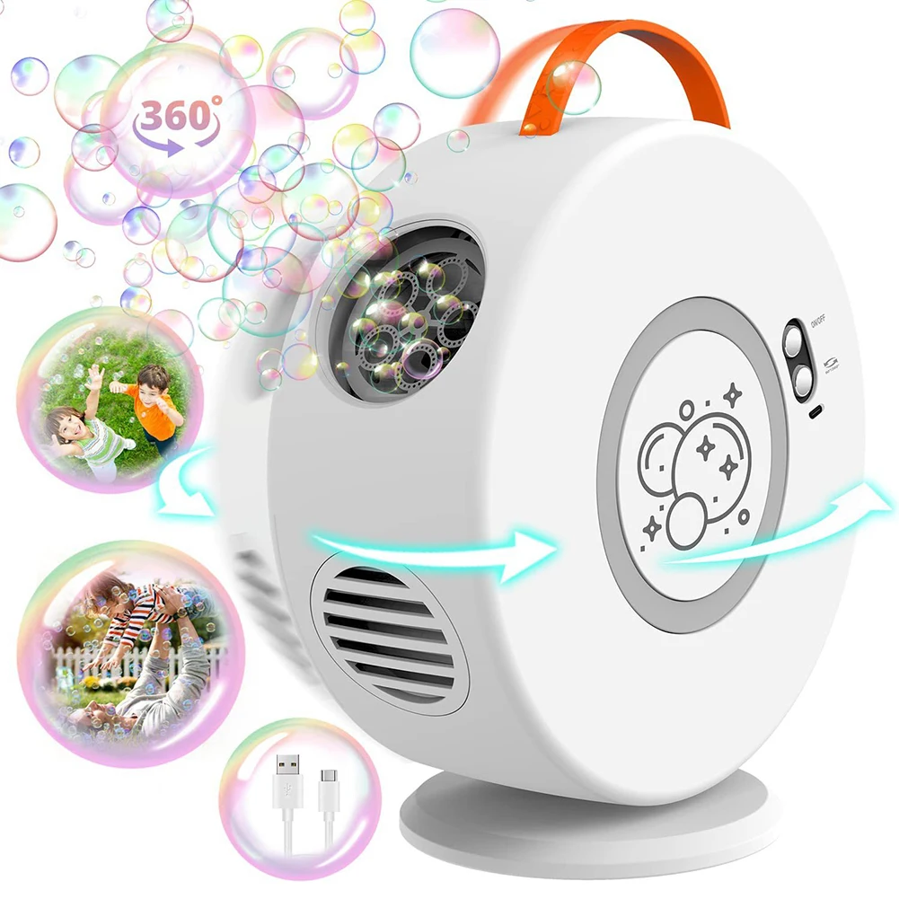 자동 360 ° 회전식 버블 기계, 충전식 휴대용 버블 메이커 장난감, 어린이, 소년, 소녀, 야외 버블 기계