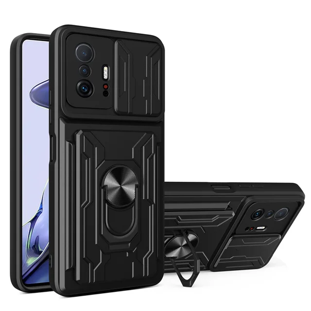 Detachable Card Holder Phone Case For Xiaomi 11T 11 Pro Redmi Note 11 10 Poco X3 Pro Max Slide Stand Kickstand Ring Camera Cover Black