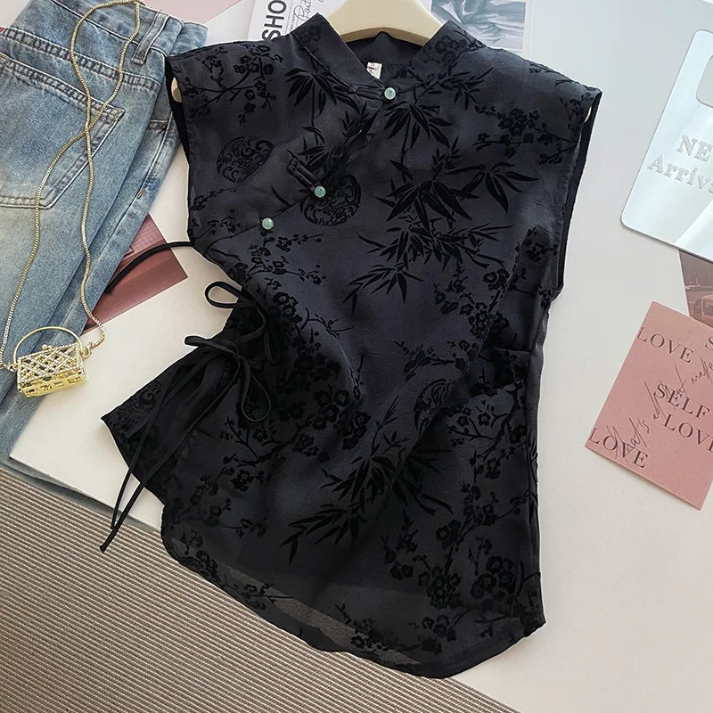 French new Chinese style cheongsam top satin jacquard shoulder short-sleeved T-shirt women new summer retro 6