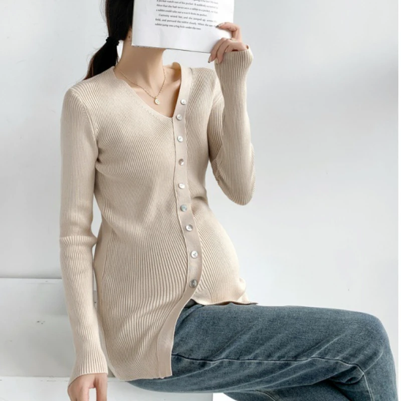 Korean Style Maternity Sweater Early Autumn New Irregular V-neck Unique All-match High Elastic Inner Sweater Pregnant Clothes