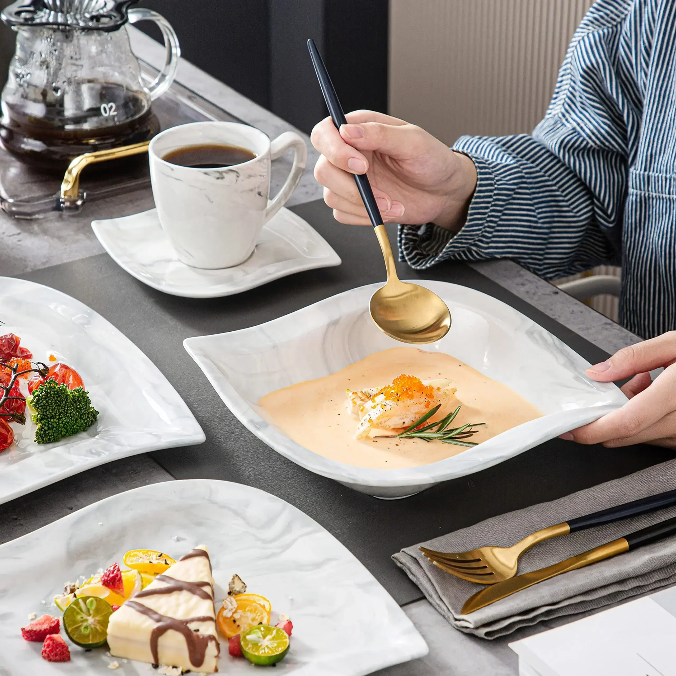 MALACASA Dinnerware Sets for 6, 30 Piece Porcelain Plates and Bowls Sets, Marble Dish Set with Dinner Plate Set, Cup and Saucer,