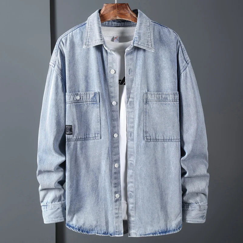 

New Men Denim Shirt Fashion Loose Casual Long Sleeve Cotton Coat Classic Blue Pocket Cargo Jean Shirt Outerwear Plus Size 5XL