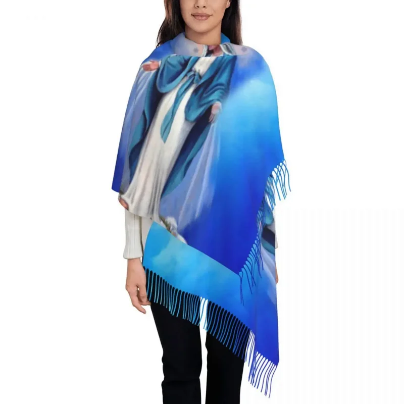 

Luxury Catholic Virgin Mary Tassel Scarf Women Winter Warm Shawls Wraps Lady Our Lady of Fatima Scarves