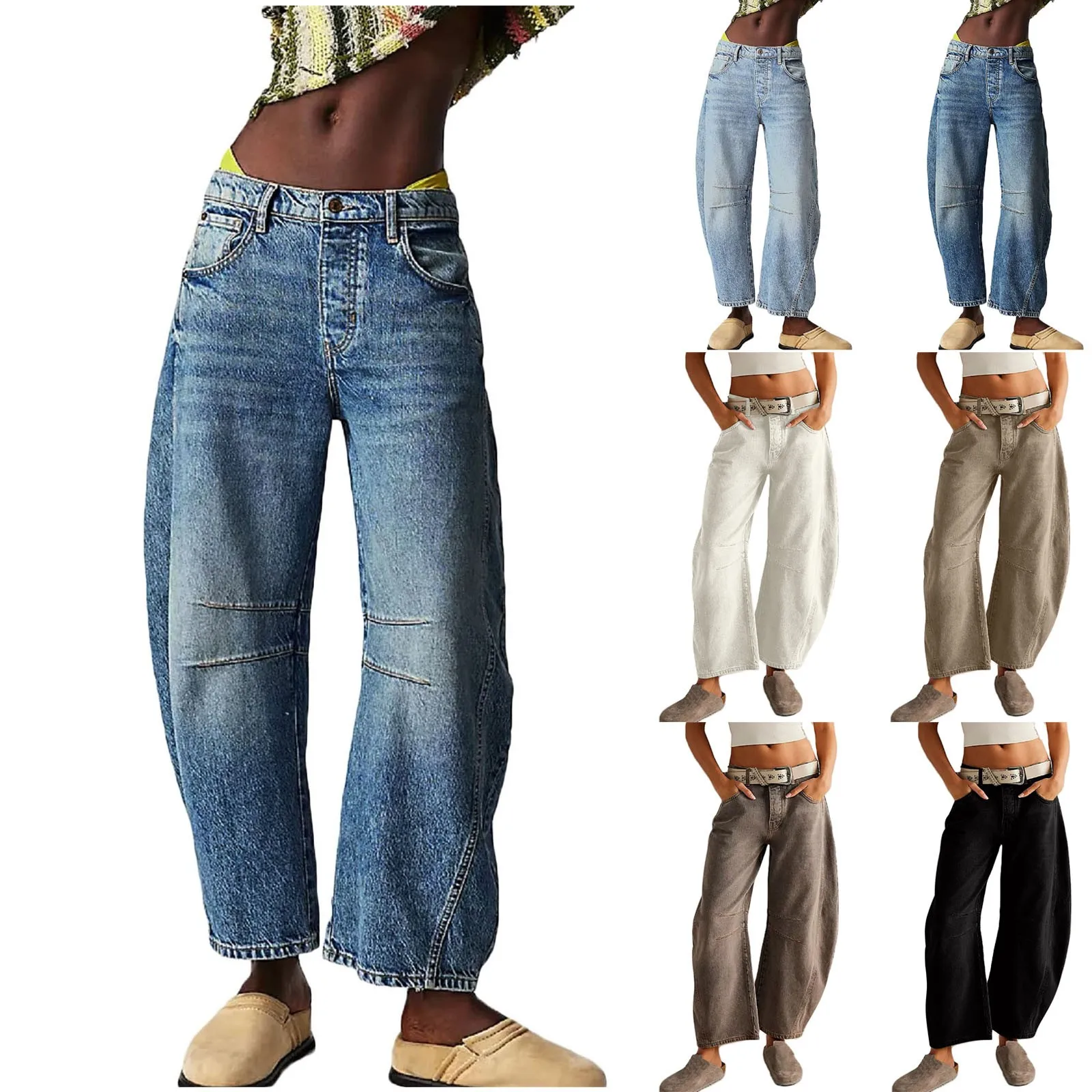 Jeans largos de cintura média para mulheres, Perna larga, Calças jeans de namorado solto, Perna reta, Jeans Barril Cortado