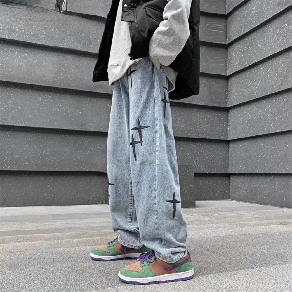 Cross Stars Embroidery Jeans Men Street Trend Patch Retro Blue Loose Straight Wide Leg Trousers cargo pants men clothing