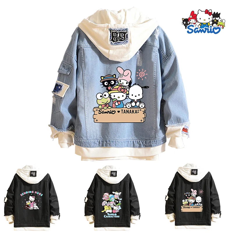 

Джинсовая Толстовка Sanrios с рисунком Hello Kitty, дизайнерская Повседневная модная свободная уличная одежда в стиле аниме, Свитшот в стиле Харадзюку, осенне-зимний Свитшот