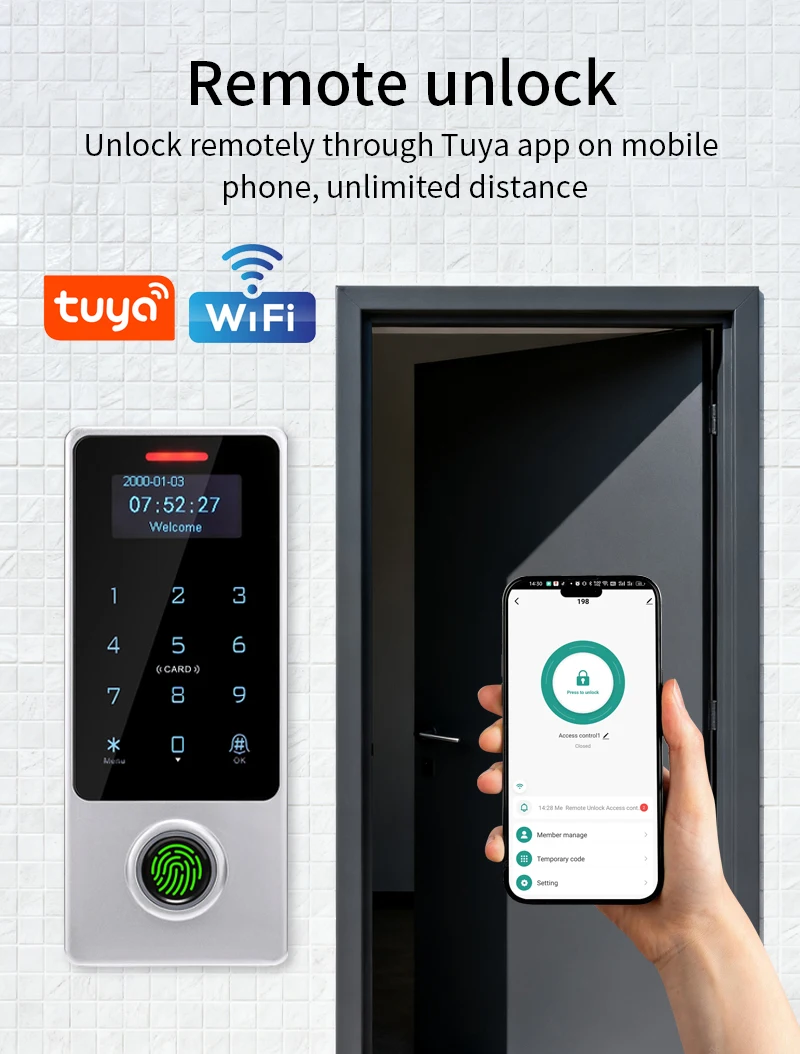 S9171e31ca9da4ac485a47a81aa33e8b5S WIFI App Tuya Fingerprint Access Controller Keypad Metal Waterproof RFID Card Standalone Door Access Control System