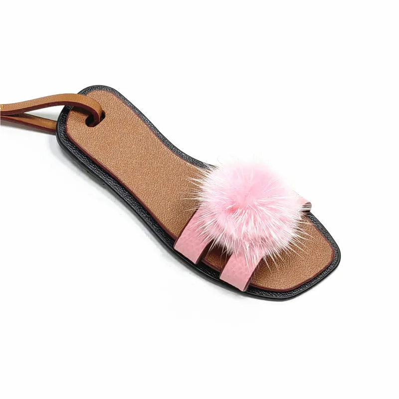 Bonbonfarbener Echter Nerzfell-Ball Taschenanhänger Mini Damen-Taschenanhänger 3D Pantoffel Leder-Anhänger Auto-Dekoration Hängende Verzierung – Detail 11