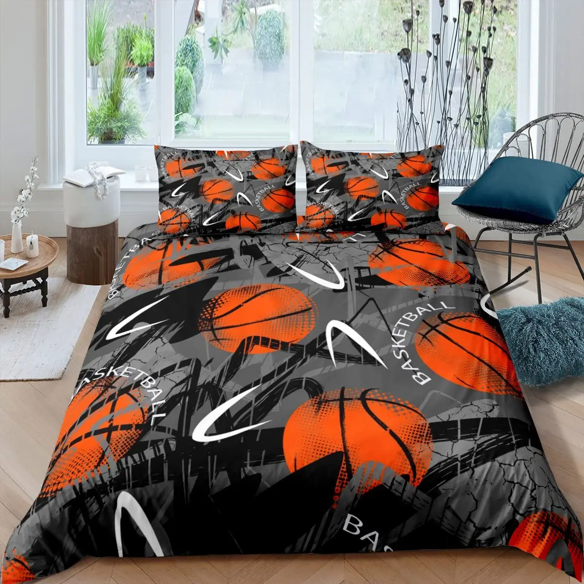 

Basketball Duvet Cover Set Black 3D Ball Sports Theme Bedding Set Microfiber Basketball Court Competitive Games King Quilt Cover