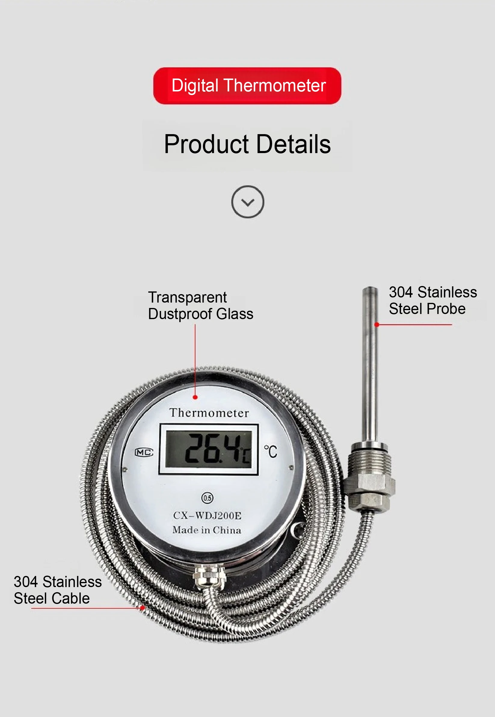 CX-WDJ200E Digital Display Thermometer High Precision Stainless Steel Probe Wate