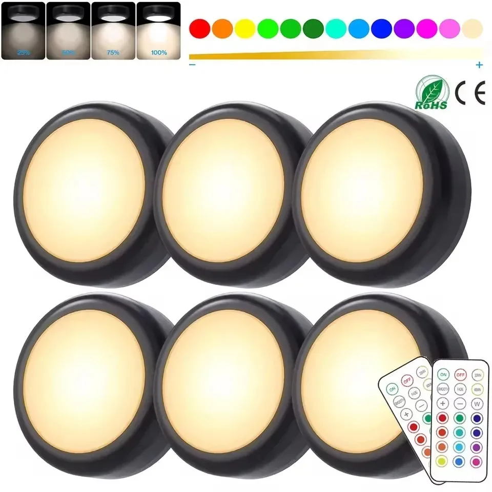 Wireless RGB LED Dimmable Puck Lights with Remote Control - Battery Operated for Under Cabinet, Kitchen, and Closet Use