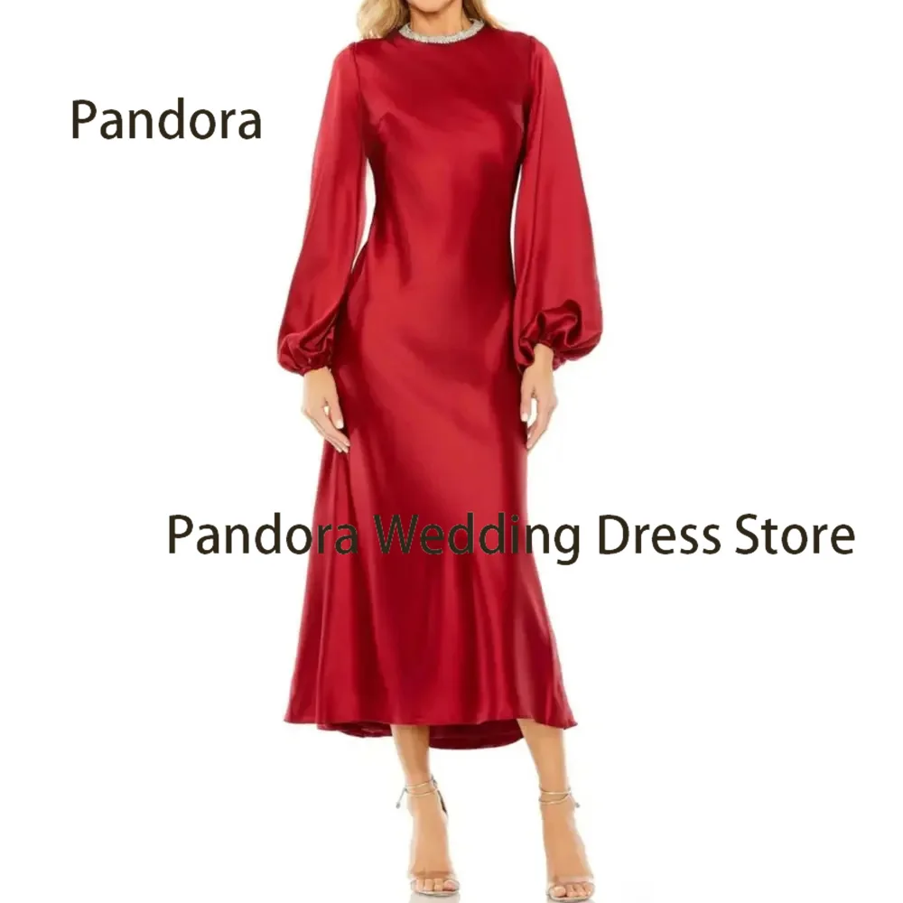 

Pandora Red women's formal occasion evening dress Tea-Length long sleeve O-neck A-line simple birthday wedding prom party gown