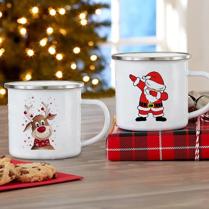 

Deer Santa Print Enamel Mugs Christmas Party Wine Tea Beer Milk Juice Cup Creativity Drinkware Coffee Cups Handle Mug Xmas Gift