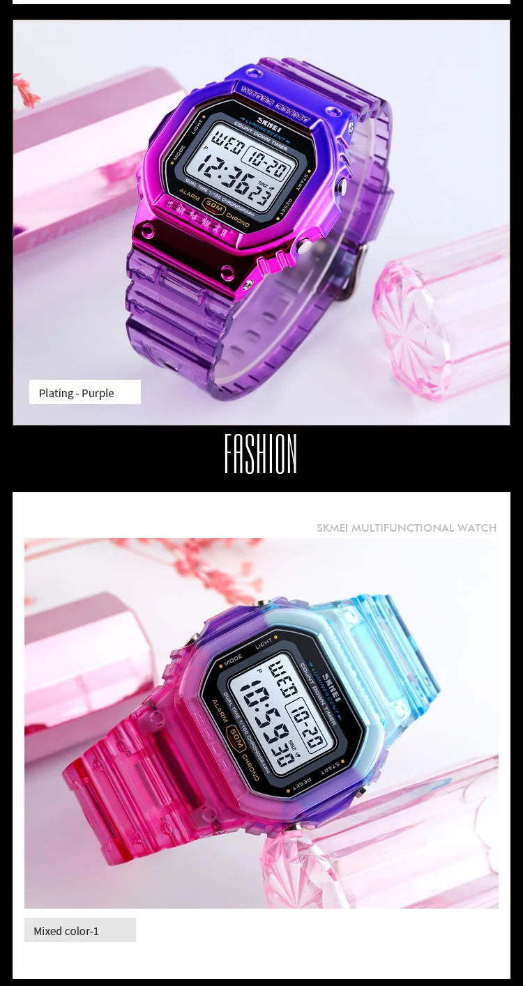 SKMEI 1622 Damen-Digitalarmbanduhr, galvanisiertes Gehäuse, stoßfest, Reloj Mujer, transparentes Armband, coole Damenuhren für Mädchen, 1999_voghion.com