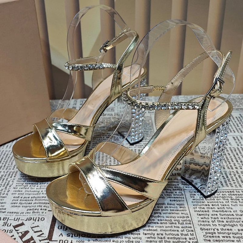

Ladies High Heel Sandals Summer New Crystal Decor Cross Belt Design Platform Sandals Banquet Buckle Strap Female Pumps