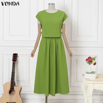 VONDA Elegant Women Plus Size Sets 2PCS Solid Color Two-piece Outfits Short Sleeve Summer Tops Long Skirts Streetwear Dress Sets
